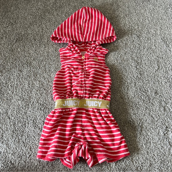 Juicy Couture Other - juice couture romper baby girls 18M pink white stripes hooded terry beach casual